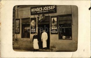Győr (?), Kovács József hentes üzlete a tulajjal és feleségével. photo (fa)