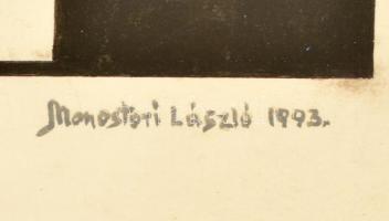 Monostori László (?-):  Memento homo. Akril, papír, jelzett, üvegezett keretben, 19×31 cm