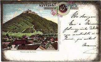 1902 Huszt, Chust; vár és tere / castle and square. Mehner & Maas Floral, litho (vágott / cut)