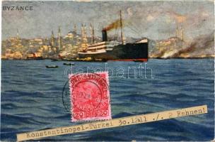 1911 Constantinople, Istanbul; Byzance, Österr. Lloyd / Austrial Lloyd advertisement card, litho flags on the backside (Rb)