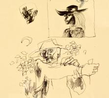 Szász Endre (1926-2003) Illusztráció (kalapos férfi). Tus, papír. Jelzett. Üvegezett keretben.26×16 ...