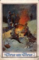 Treue um Treue! / WWI Austro-Hungarian K.u.K. and German military art postcard, Viribus Unitis propaganda, soldiers around the campfire (EK)