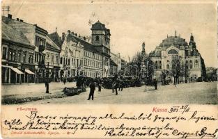 1901 Kassa, Kosice; Fő utca, szekerek. Divald / main street, shops, horse carts (EK)