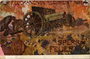 K.u.K. Feldkanonenregiment Nr. 4. Sperrfeuer / WWI Austro-Hungarian K.u.K. military, field battery, soldiers loading the cannons, artist signed + K.u.K. Feldkanonenregiment Nr. 4. Batterie 4. Feldpostamt 288. (EK)
