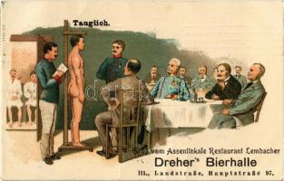 Vienna, Wien III. Landstraße, Hauptraße 97. Assentlokal Restaurant Rudolf Lembacher, Drehers Bierhalle / Lembacher restaurant, inn and beer hall, humorous litho advertisement postcard