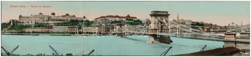 Budapest, Lánchíd, Királyi vár. Három részes kihajtható panorámalap / 3-tiled folding panoramacard