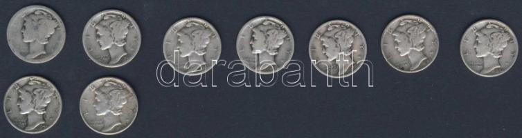 USA 1929-45. 10c Ag "Mercury" (9x) mind klf évszámmal! T:3,3/4