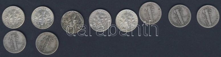 USA 1943. 10c Ag "Mercury" (5x) + 1963. 10c Ag "Roosevelt" (5x) T:2,3,3/4