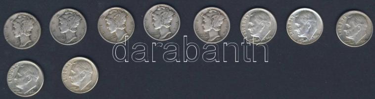 USA 1941. 10c Ag "Mercury" (5x) + 1964. 10c Ag "Roosevelt" (5x) T:2,3,3/4