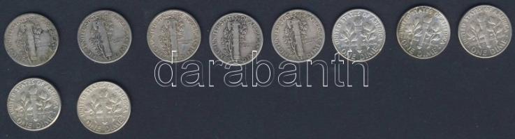 USA 1941. 10c Ag "Mercury" (5x) + 1964. 10c Ag "Roosevelt" (5x) T:2,3,3/4