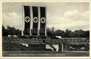 Nürnberg, Nuremberg; Die Kanzel des Führers u. d. Ehrentribüne i. d. Luitpoldarena / Hitlers pulpit in the stadium, swastika flags. So. Stpl
