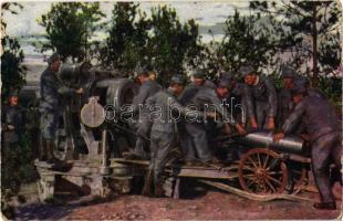 1916 Világháború 1914-1915. 30,5-es mozsár, a löveg bevezetése / WWI K.u.K. military art postcard, loading a 30,5 mortar (EK)