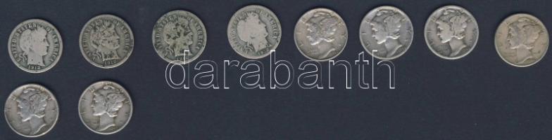 USA 1912. 10c Ag "Barber" (4x) + 1945. 10c Ag "Mercury" (6x) T:3,3/4,4