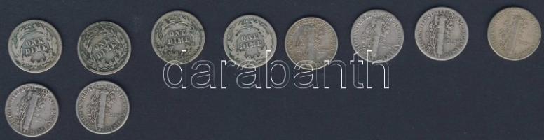USA 1912. 10c Ag "Barber" (4x) + 1945. 10c Ag "Mercury" (6x) T:3,3/4,4