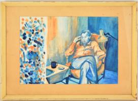 Tihanyi jelzéssel: Szundikáló férfi. Akvarell, papír, üvegezett keretben, 30×42 cm