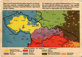 Nincs csehszlovák nemzet, nincs csehszlovák többség, teljes egyenjogúság illeti a csehek által eddig elnyomott többséget alkotó nemzetiségeket. A Magyar Nemzeti Szövetség kiadása / Anti-Czechoslovakian propaganda, irredenta map + 1938 Munkács visszatért So. Stpl (EK)