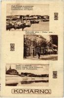 Komárom, Komárnó; Dunai kikötő, gőzhajók, Nádor utca / Danube, port, steamships, street. Art Nouveau (ragasztónyom / gluemark)