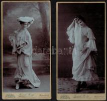 cca 1900 Magay Anna, polgárleány fotói, divatos ruhákban, 2 db keményhátú fotó, Bp. Kossak József műterméből, a hátoldalakon nevesítve, 21x10,5 cm