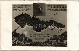 1939 Na Dobrou Pamet. Kdo Zradil, Toho Zrada Ceká, Kdo Zrazen - ve cti bude zít / WWI Czechoslovakian military propaganda art postcard with map and tanks (EK)