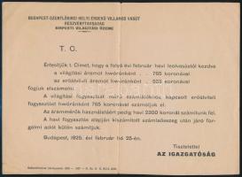 1925 a Budapest-Szentlőrinci helyi érdekű villamos vasút Rt. kispesti világítási üzemének nyomtatott értesítő lapja maz áramfogyasztás leolvasásának változásáról