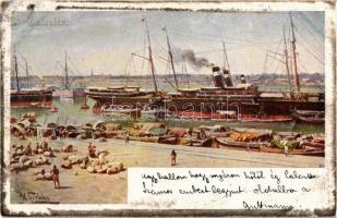1899 Kolkata, Calcutta; port, quay, steamships, artist signed