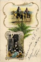 1904 Chameaux de Desert, Une Ecole Arabe / camels, Arabic school, teacher with students. Art Nouveau litho (Rb)