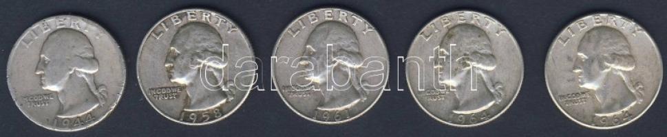 USA 1944-64. 1/4$ Ag "Washington" (5x) mind klf évszámmal és verdejellel! T:2,3,3/4
