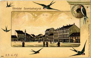1919 Szombathely, Fő tér. Dombornyomott művészlap fecskékkel. Steiner Testvérek kiadása, Emb. litho (EK)