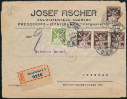 1923 Szlovenszkói zsidó kórház egyesület adománybélyegei levélzáróként felhasználva Pozsonyból Drezd...