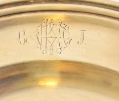 2 db monogramos alpakka tányér, jelzettek, apró kopásokkal, d: 24 cm