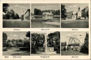 1944 Győr, Petőfi tér, zsinagóga, kerékpáros, Dunapart csónakokkal, Rába, Országzászló, Duna híd