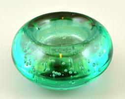 Dekoratív zöld üveg levélnehezék, apró kopásokkal, d: 9 cm