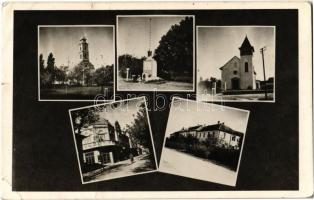 1944 Bácsalmás, Római katolikus templom, Országzászló, Református templom, Csauscher ház, cséplőgépek üzlete, kerékpáros, zárda (EK)