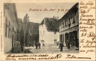 1902 Sveta Jana, Sv. Ane (Gorica Svetojanska); street view with the shop of M. Rozman. M. Fogina