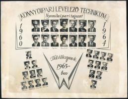 1964 Budapest, Könnyűipari Levelező Technikum Nyomdaipari Ágazat tanárai és végzős tanulói, kistabló nevesített portrékkal, foltos, 18x23,3 cm