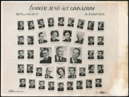 1953 Budapest, Landler Jenő Ált. Gimnázium tanárai és végzős tanulói, kistabló nevesített portrékkal, hátoldalon aláírásokkal, sarka foltos, hibás, 18x24 cm