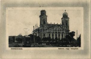 Debrecen, Református nagytemplom, villamos, lovaskocsik (r)