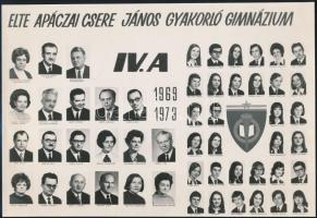 1973 Budapest, ELTE Apáczai Csere János Gyakorló Gimnázium tanárai és végzős tanulói, kistabló nevesített portrékkal, hátoldalon aláírásokkal, 19,2x28,3 cm