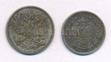 Vegyes: Orosz Birodalom 1870. 20k Ag "II. Miklós" + Német Birodalom 1906A 1/2M Ag T:2,2-
...