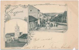 1899 Siklós, Fő utca, Pandurovits János, Paunz Géza üzlete, Római katolikus templom. Kiadja Feiler Mariska. Art Nouveau, floral (b)