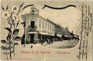 1904 Hódmezővásárhely, Andrássy utca, üzletek. Kiadja a Reisz Bazár. Floral (szakadás / tear)