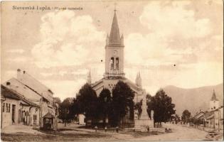 1922 Zólyomlipcse, Slovenská Lupca; Hlavné námestie / Fő tér, Evangélikus templom / main square, Lutheran church (lyukak / holes)