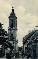 1939 Komárom, Komárno; Ulica Mórica Jókay-ho / Jókai Mór utca, üzletek, templom. L. H. K. 26. / street view, shops, church