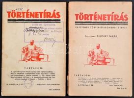 1938-1939 Történetírás folyóirat 2 száma. Szerk.: Belitzky János. 1938. április, 1939. január. Papírkötés, az egyiken intézményi bélyegzővel, a másik borítója szakadozott.