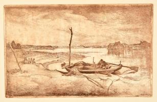 Istókovits Kálmán (1898 - 1990): Tiszai halászok. Rézkarc, papír, jelzés nélkül, 14,5×23 cm