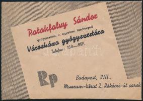 Patakfalvy Sándor Városháza Gyógyszertár receptborítékja (Bp. Múzeum körút 2. Rákóczi úti sarok)