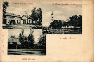 Üllő, Fő utca bal és jobb oldala, templom, vasútállomás, Bergner Miksa üzlete és saját kiadása