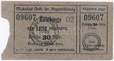 1940. Miskolczi Orthodox Izraelita Anyahitközség értékjegye 30f-ről, egy kacsa vágására T:III