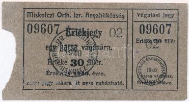 1940. "Miskolczi Orthodox Izraelita Anyahitközség" értékjegye 30f-ről, egy kacsa vágására T:III