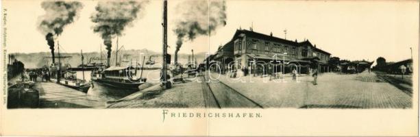 Friedrichshafen, Bahnhof-Wirtschaft / railway station with railway restaurant and hotel, port, steamships. Folding panoramacard